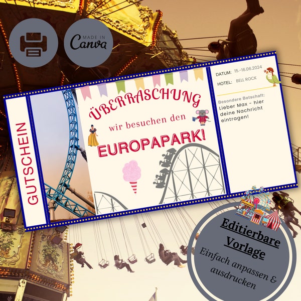 Personalized amusement park voucher for Europapark Rust|Gift for men and for children|Personalized gift