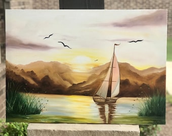 Peaceful Lake Sunset Oil Painting