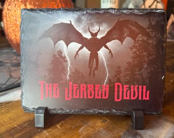 Full color slate of the Jersey Devil (with red lettering)  with stand 5.50” x 7.5”