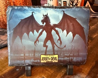 Full color slate of the Jersey Devil (with NJ License Plate)  with stand 5.50” x 7.5”