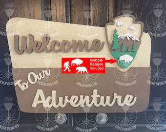 Archivo láser en capas 3d para parques nacionales Camping / Signo de aventura svg y eps