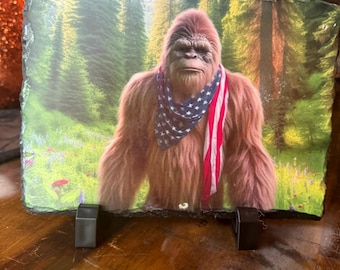 Full color Bigfoot with American flag scarf Slate  with stand