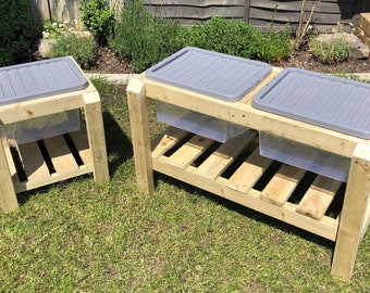 Water/Sand Tray for Outdoor Play, single, double and brand new triple, including plastic trays and storage shelf. 4 options available.