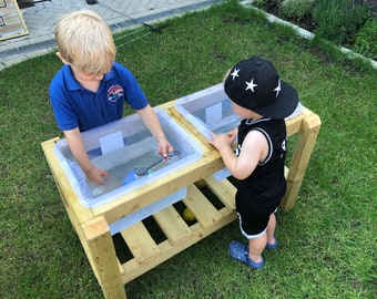 Water/Sand Tray for Outdoor Play, single or double, including plastic trays and storage shelf. 6 options available.