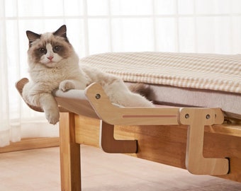 Cat hammock with natural wood insert, bed, window shelf, perch, shelves