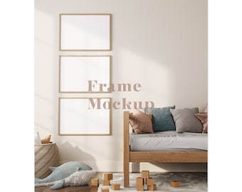 Frame mockup nursery in home interior, Child room 3 frame mockup, Nursery mockup frame, 3 landscape poster mockup, 3 frame horizontal mockup