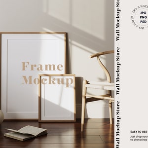Mock up frame in home interior, 2 frame mockups in boho home interior, 2 Vertical frame mock up, ISO size wood frame mock-up, Poster mockup