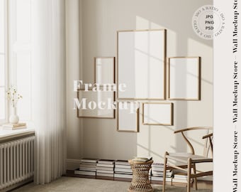 Frame mockup in interieur, Galerij muurframe mockup, Mix size frame mockup, Houten frame mockup in boho interieur, ISO A formaat frame mockup
