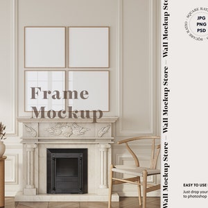 Gallery wall mockup frame in home interior, 4 Square frame mockup Parisian style, Minimal mockup frame, Poster mock up,  Square frame mockup