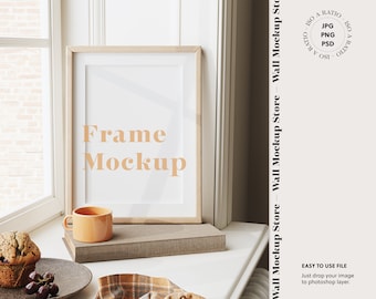 Wood frame mockup in cozy interior , Vertical frame mock up in home interior , Wood frame mockup kitchen , Mock up for poster , Print mockup