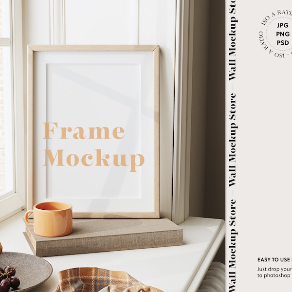 Houten frame mockup in een gezellig interieur, Verticale frame mock-up in het interieur, Houten frame mockup keuken, Mock up voor poster, Print mockup