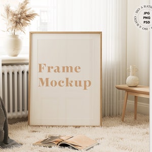 Vertical frame mockup in home interior, Vertical print mockup, Wood frame mock up, Mockup frame in boho style, Print mockup, Poster mockup
