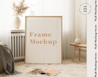 Vertical frame mockup in home interior, Vertical print mockup, Wood frame mock up, Mockup frame in boho style, Print mockup, Poster mockup