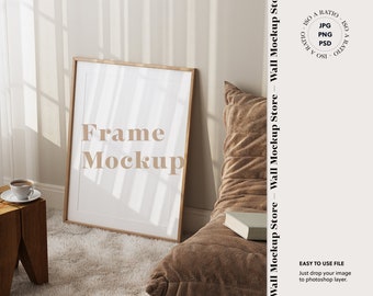 Frame mockup in minimalist boho interior, Print mockup, Minimalist Mock up, Mockup Poster, Single vertical frame mock-up, Wood Frame Mockup