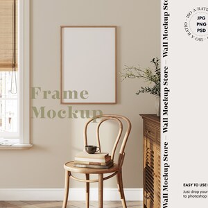 Single vertical frame mockup in home interior, Wood frame mockup in boho interior, Print frame mockup, Digital frame mock up, Poster mockup