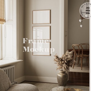 Frame mockup, Three horizontal frame mockup, 3 landscape mock up, Gallery wall mockup, Frame mock-up in home interior, A size frame mockup