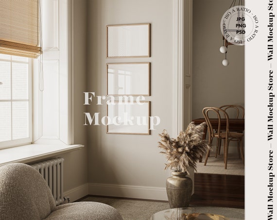 Frame mockup, Three horizontal frame mockup, 3 landscape mock up, Gallery wall mockup, Frame mock-up in home interior, A size frame mockup