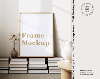 Single vertical frame mockup in home interior, Wood frame mockup ISO, Digital frame mock up, Print mockup,  Mockup Poster, ISO mockup frame