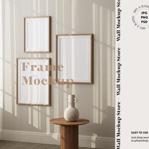 3 Frame mockup in boho interior, Vertical frame mockup on gallery wall,  Wood frame mockup, ISO Mix size frame mockup, Poster mockup in home