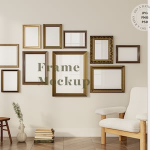 Gallery wall frame mockup in home interior, Mix frame mockup rustic set farmhouse style, Rustic gallery wall mock up frame set in farm house