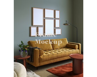 Frame mockup in interieur, Gallery muurframe mockup, Eclectisch frame mockup, Houten frame mockup in boho interieur, ISO A formaat frame mockup