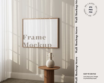 Horizontal frame mockup in minimal boho interior, Scandinavian interior mock up frame with natural colors, print frame mockup, Mockup Poster