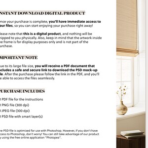 May include: A digital product listing for a wall mockup file. The listing includes a description of the product, its features, and instructions for downloading the file. The image shows a window with a vase of dried flowers and a book on a table.