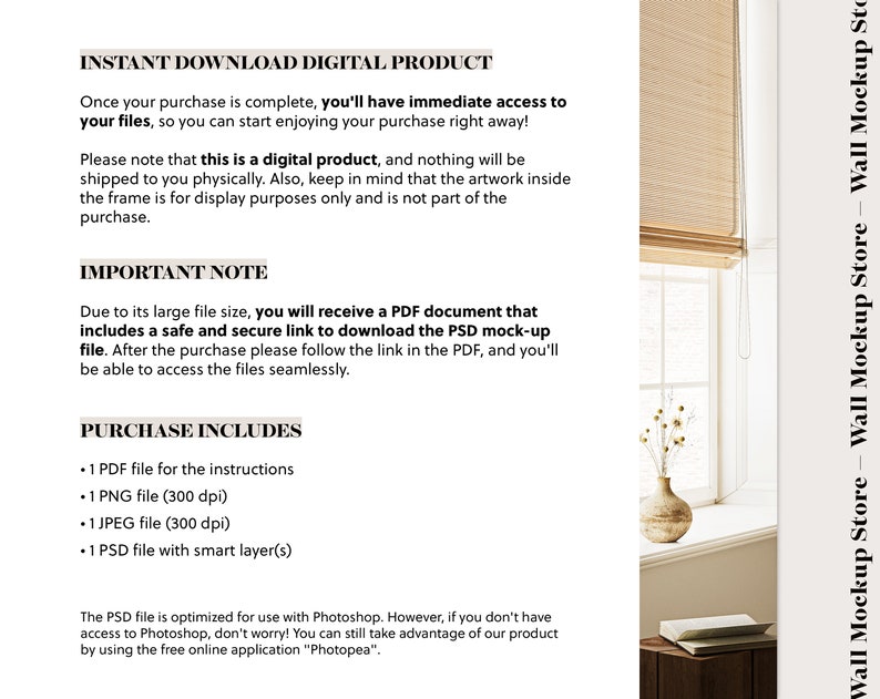 May include: A digital product listing for a wall mockup file. The listing includes a description of the product, its features, and instructions for downloading the file. The image shows a window with a vase of dried flowers and a book on a table.