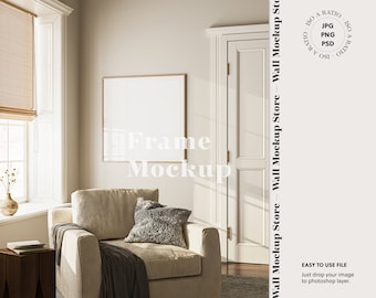 Square Frame mockup in boho interior, Square size mockup frame, Wood Frame Mock-up in home interior, Print mock up, Square poster mock-up