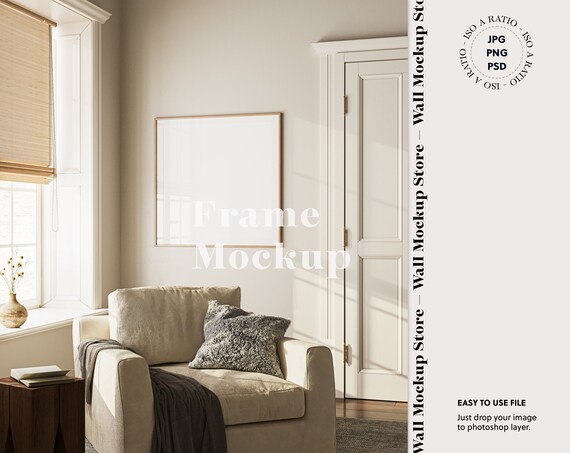 Square Frame mockup in boho interior, Square size mockup frame, Wood Frame Mock-up in home interior, Print mock up, Square poster mock-up