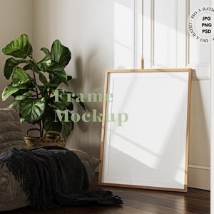Wood Frame Mock-up in boho background, Vertical wood mockup frame in home interior, Wood frame mockup, mock up for poster, Print mockup