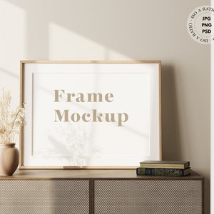 Wood Frame Mockup in home interior, Horizontal frame mockup in boho interior, Landscape poster mockup, Minimalist print mock up