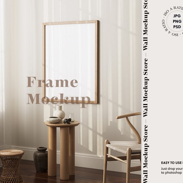 Vertical frame mockup in boho interior, Frame mockup in home interior in Japandi style, Wood Frame Mock-up, mockup for poster, Print mockup,