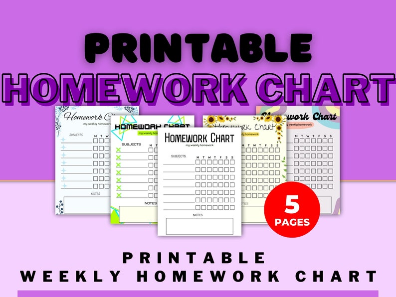Printable Homework Chart for Kids Instant Download Weekly Checklist ...