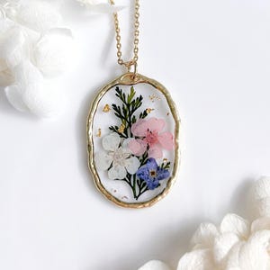 Handmade Dried Forget Me Not Mixed Flowers Necklace in 14k Gold | Pressed Flower Resin Pendant Necklace, Birthday Anniversary Gift for Her