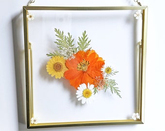 Marco de flores prensadas hecho a mano para decoración del hogar en oro de 14 k / Arte de flores secas para colgar en la pared, marco acrílico, girasol
