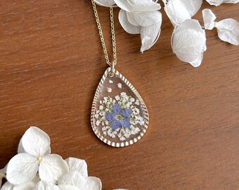Collar de flores secas hechas a mano no me olvides en oro de 14 k / collar colgante de resina de flores prensadas, regalo de aniversario de cumpleaños para ella