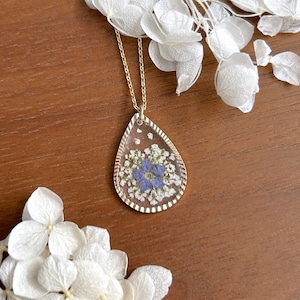 Handmade Dried Forget Me Not Flower Necklace in 14k Gold | Pressed Flower Resin Pendant Necklace, Birthday Anniversary Gift for Her