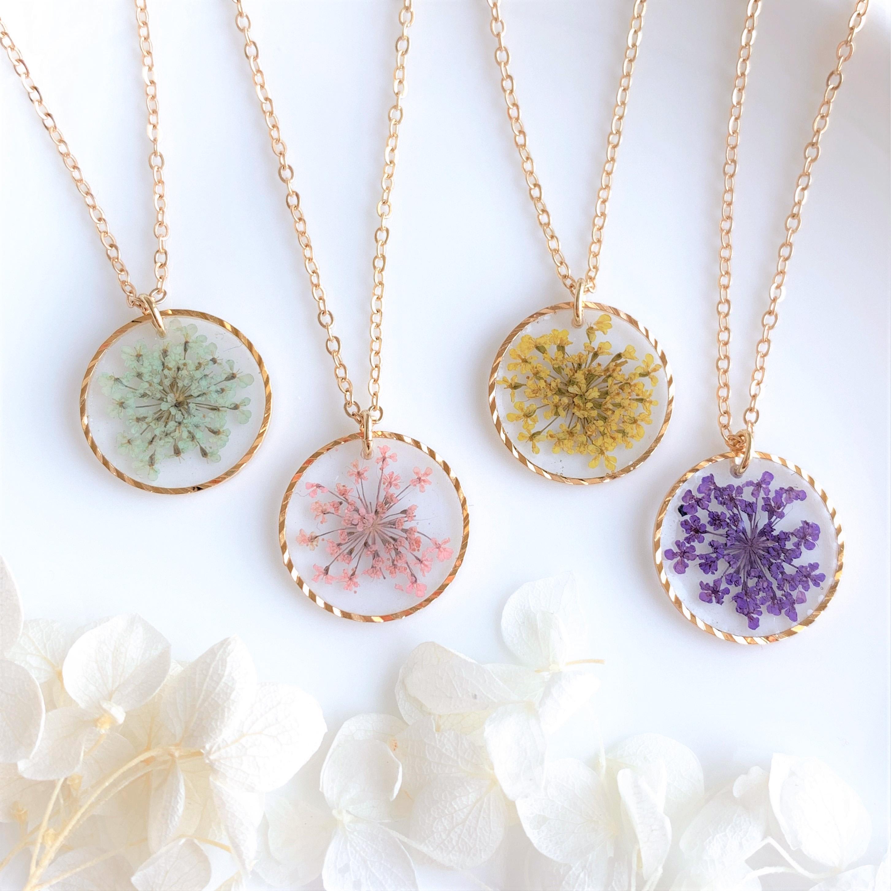 Handmade Pressed Flower Necklace with Real Queen Anne’s Lace Flower in 14k  Gold Flower Jewelry Resin Pendant Necklace, Gift for Her