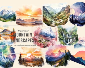 Imágenes prediseñadas de paisaje de montaña de acuarela, gráficos digitales, montañas, para uso comercial Descarga instantánea uso comercial