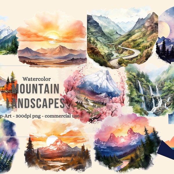 Watercolor Mountain Landscape Clipart, digital graphics, Mountain range, for commercial use instant download commercial use