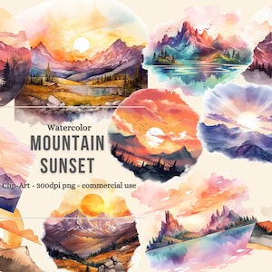 Aquarell Berg Sonnenuntergang Clipart, für den kommerziellen Gebrauch, Gebirge, Sofort-Download, Sonnenuntergang, kommerziellen Gebrauch