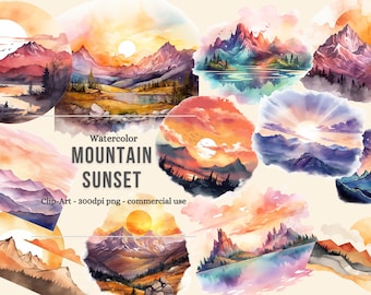 Acuarela Mountain Sunset Clipart, para uso comercial, Cordillera, Descarga instantánea, Puesta de sol, Uso comercial
