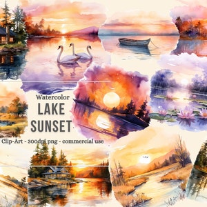 Watercolor Lake Sunset Clipart, digital graphics, Lake Landscape, for commercial use instant download commercial use