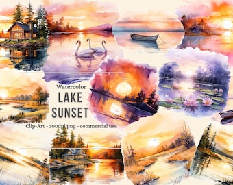 Imágenes prediseñadas de la puesta del sol del lago de acuarela, gráficos digitales, lago, para uso comercial Descarga instantánea uso comercial