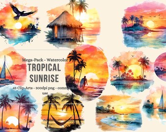 Imágenes prediseñadas de amanecer tropical, escenas y elementos de amanecer de acuarela, mega paquete de 43 PNG, archivos de acuarela digitales de alta resolución