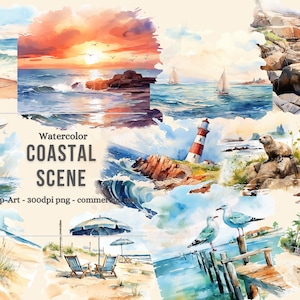 Watercolor Coastal Scene Clipart, digital graphics for commercial use instant download commercial use