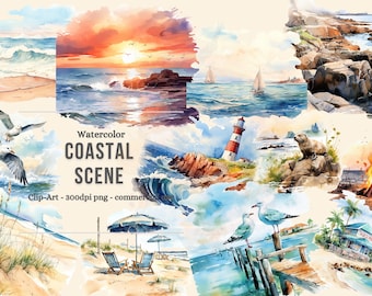 Imágenes prediseñadas de la escena costera de acuarela, gráficos digitales para uso comercial Descarga instantánea de uso comercial