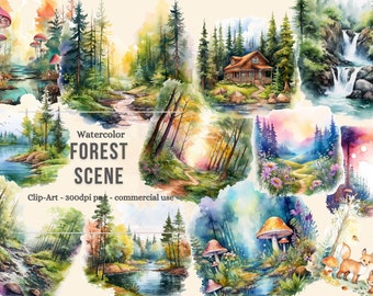Imágenes prediseñadas del bosque de acuarela, gráficos digitales, paisaje forestal para uso comercial Descarga instantánea uso comercial