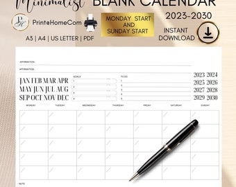 Calendario mensual minimalista en blanco sin fecha, tamaño carta (A3, A4, EE. UU.) (PDF)